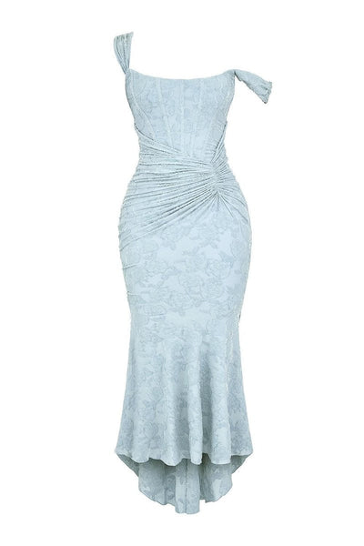 Rosie | Damen-Jacquardkleid mit Spitzenkorsett, Raffungen und Meerjungfrausaum