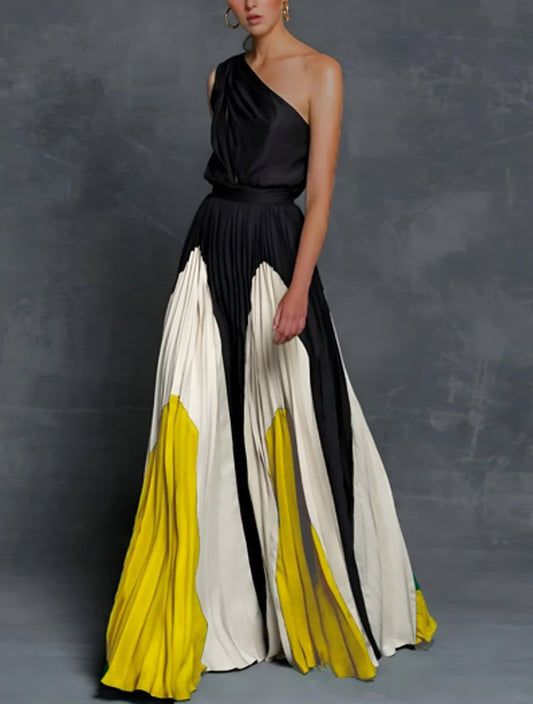 Isla | Plissiertes Damen-Maxikleid mit One-Shoulder-Design und Colorblock-Muster
