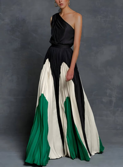 Isla | Plissiertes Damen-Maxikleid mit One-Shoulder-Design und Colorblock-Muster