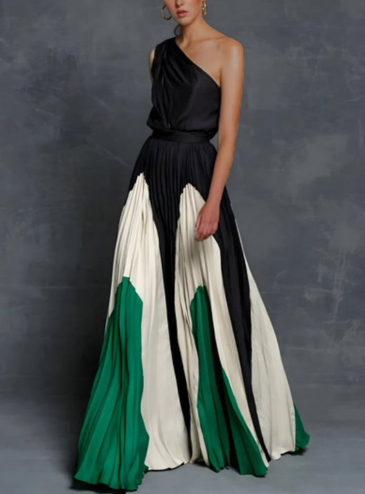 Isla | Plissiertes Damen-Maxikleid mit One-Shoulder-Design und Colorblock-Muster