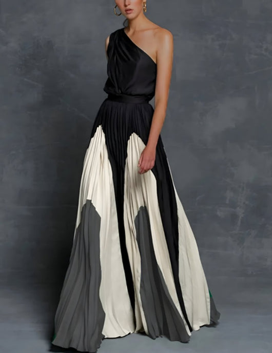 Isla | Plissiertes Damen-Maxikleid mit One-Shoulder-Design und Colorblock-Muster