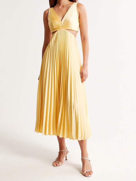 Evelyn | Plissiertes Damen-Maxikleid mit Cut-Out und V-Ausschnitt