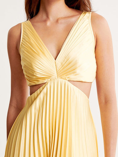 Evelyn | Plissiertes Damen-Maxikleid mit Cut-Out und V-Ausschnitt