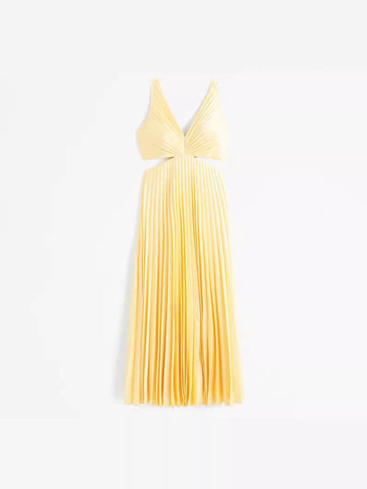 Evelyn | Plissiertes Damen-Maxikleid mit Cut-Out und V-Ausschnitt